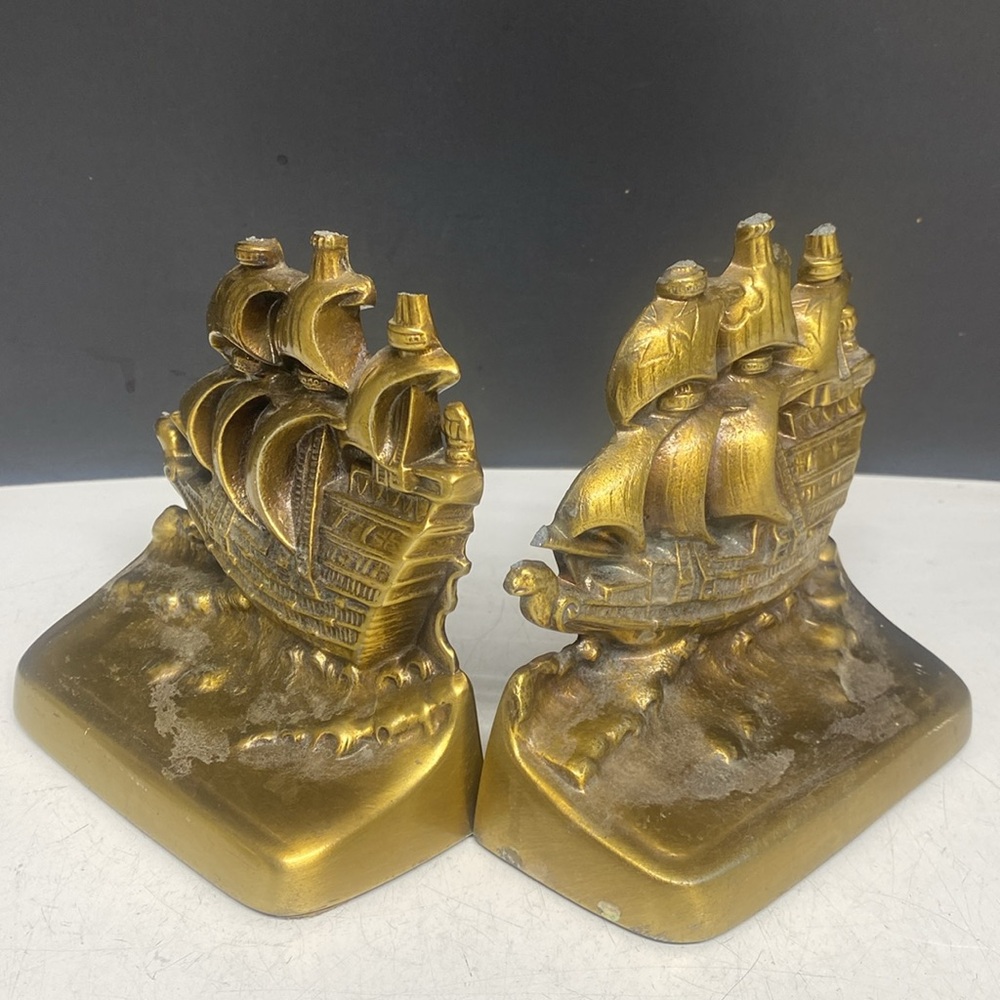 PM Craftsman Brass Ship Bookends Bronze Clad Sailing Book Ends Doorstop